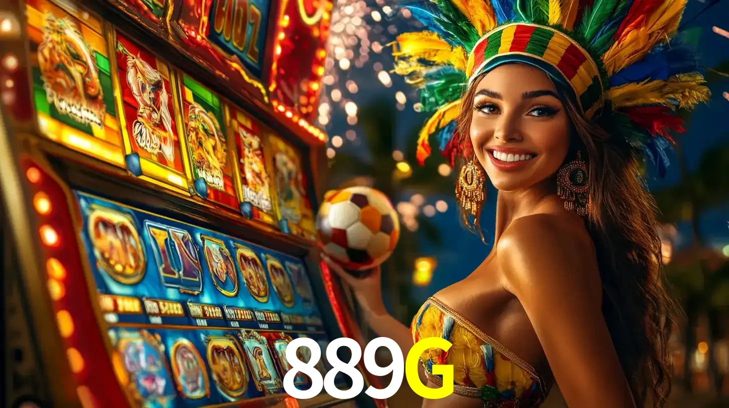 Mulher com um cocar de carnaval ao lado de uma máquina de caça-níqueis enquanto segura uma bola de futebol, mostrando a união da diversão de cassino e esportes no 889G.