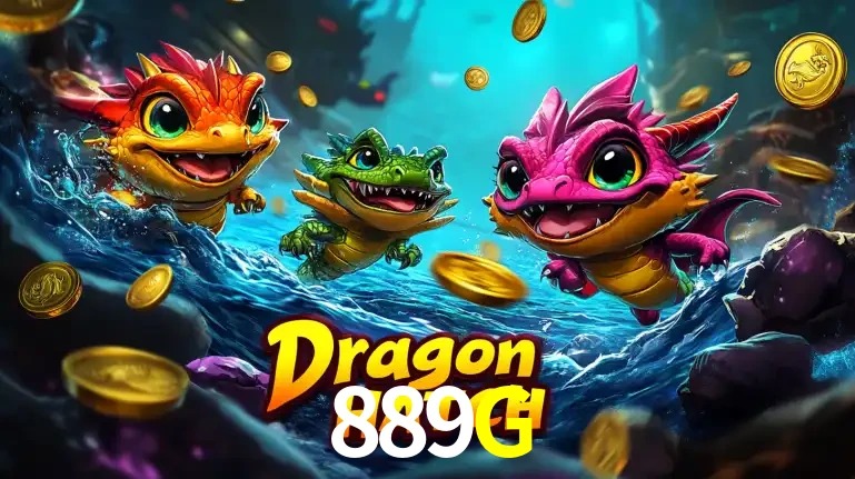 Arte promocional do jogo Dragon Hatch com três adoráveis dragões bebês nadando entre moedas de ouro, um dos slots mais divertidos para jogar no cassino 889G.