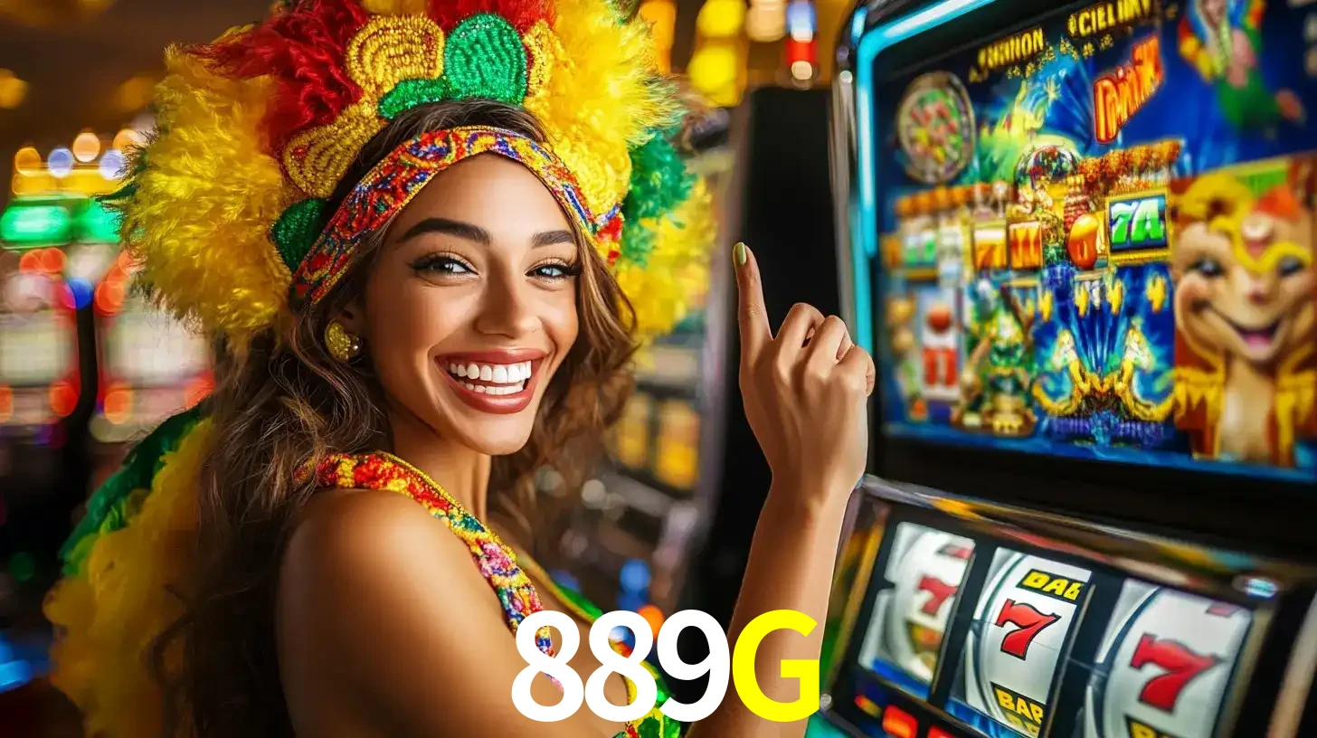 Mulher animada com um cocar de carnaval apontando para uma máquina de caça-níqueis, mostrando a emoção de ganhar um grande prêmio nos jogos do 889G.