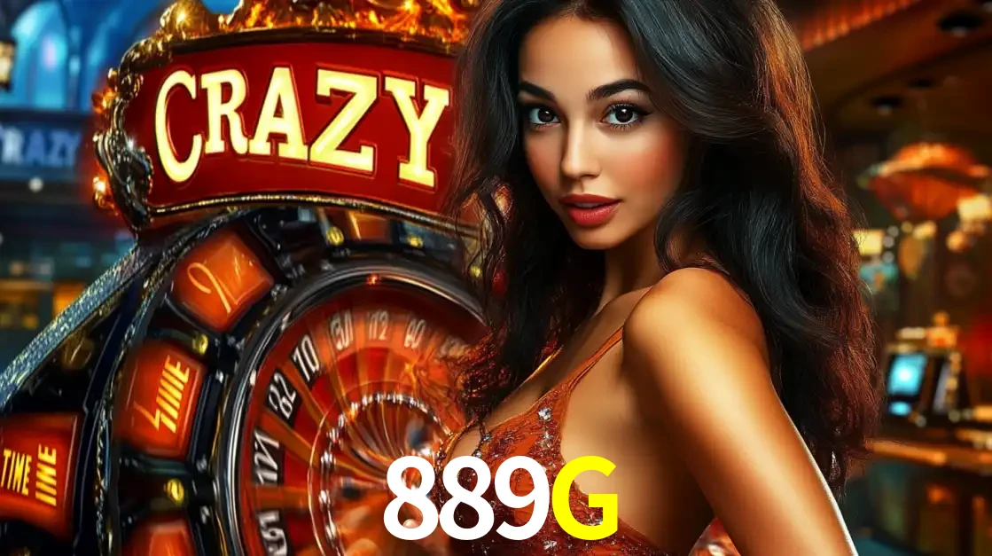 Mulher glamourosa olhando para a câmera com a roda vermelha do Crazy Time ao fundo em um ambiente de cassino, destacando a emoção dos jogos ao vivo no 889G.