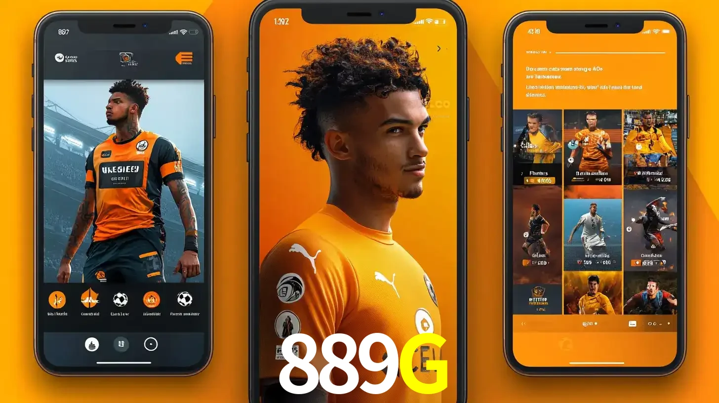 Interface do aplicativo de apostas esportivas 889G em três telas de celular, mostrando o perfil de um jogador de futebol e a lista de jogos disponíveis para apostar.