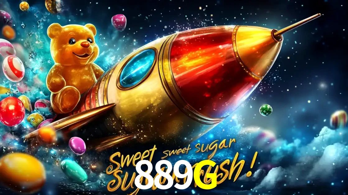 Arte promocional do jogo de slot Sugar Rush, com um urso de pelúcia em um foguete viajando pelo espaço de doces, um dos jogos divertidos disponíveis no cassino 889G.