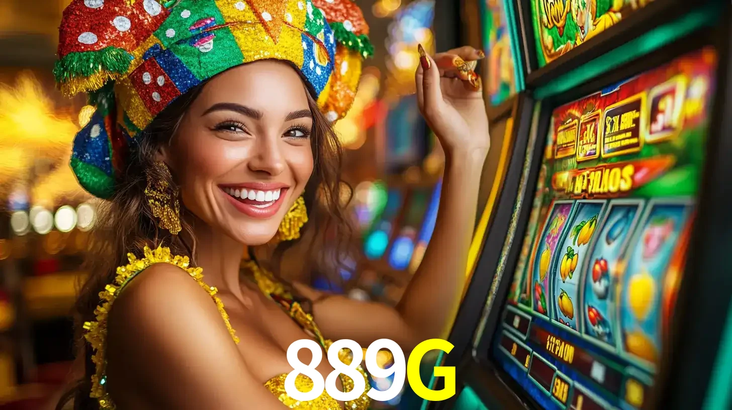 Mulher feliz com traje de carnaval amarelo e colorido ao lado de uma máquina de caça-níqueis, aproveitando a diversão e os jogos temáticos do cassino 889G.